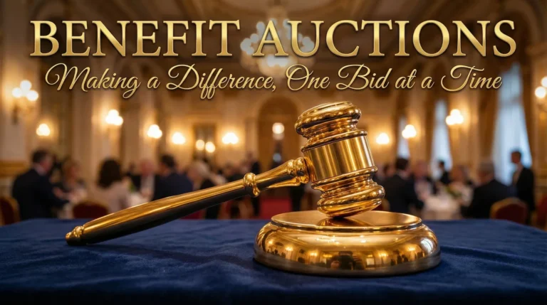 Gleaming, golden gavel resting on gleaming, golden gavel sound block, with headline over image that says Benefit Auctions, Making a Difference, One Bid at a Time